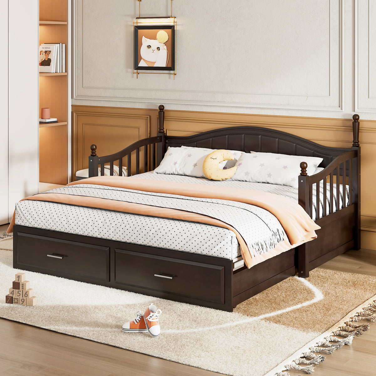 variant-group:rf-n733s173459p|Roomfitters Wooden Twin Size Daybed with Expandable Design, Twin Trundle and Two Practical Storage Drawers, Espresso