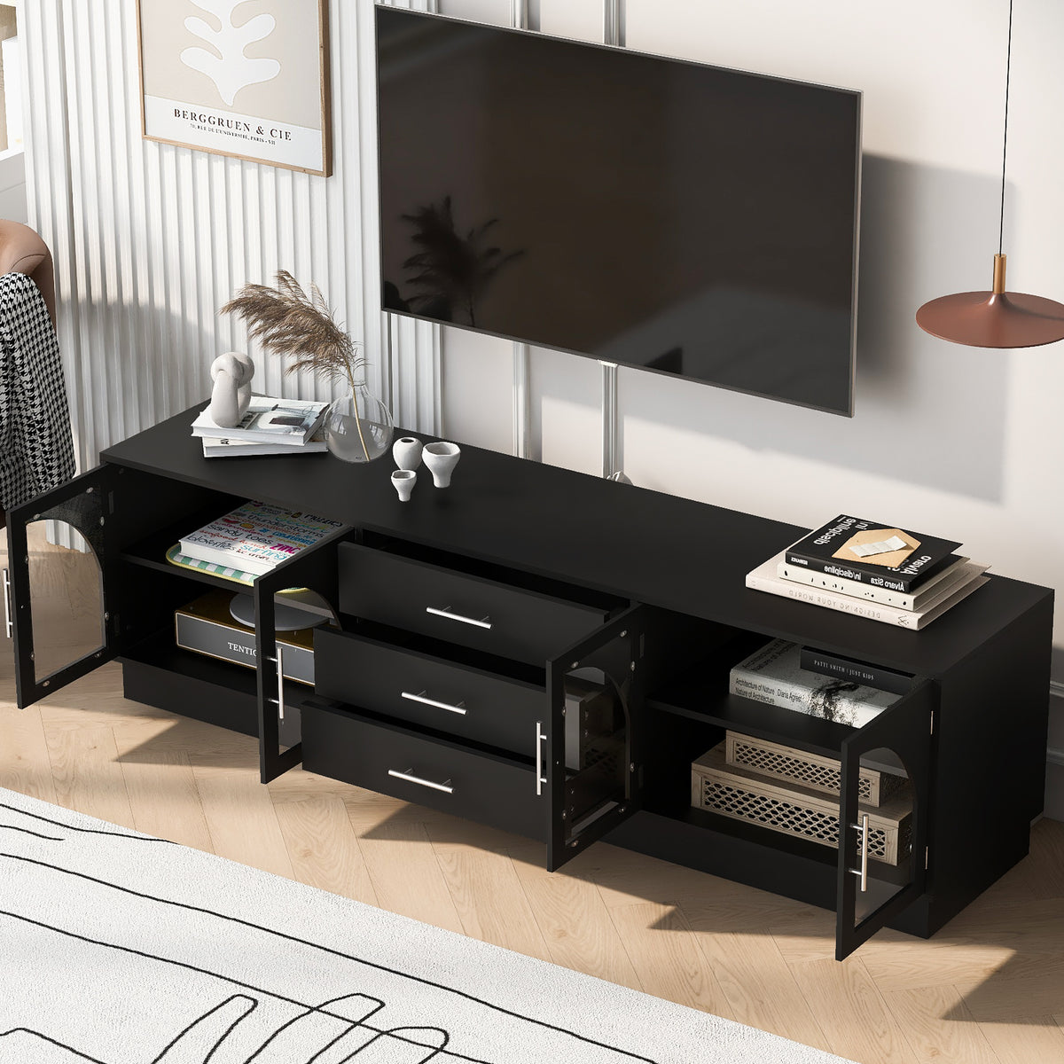 variant-group:rf-n724p284467b|Roomfitters Modern Minimalist TV Stand for up to 75 Inch TV, Entertainment Console Cabinet with Adjustable Shelves, Black