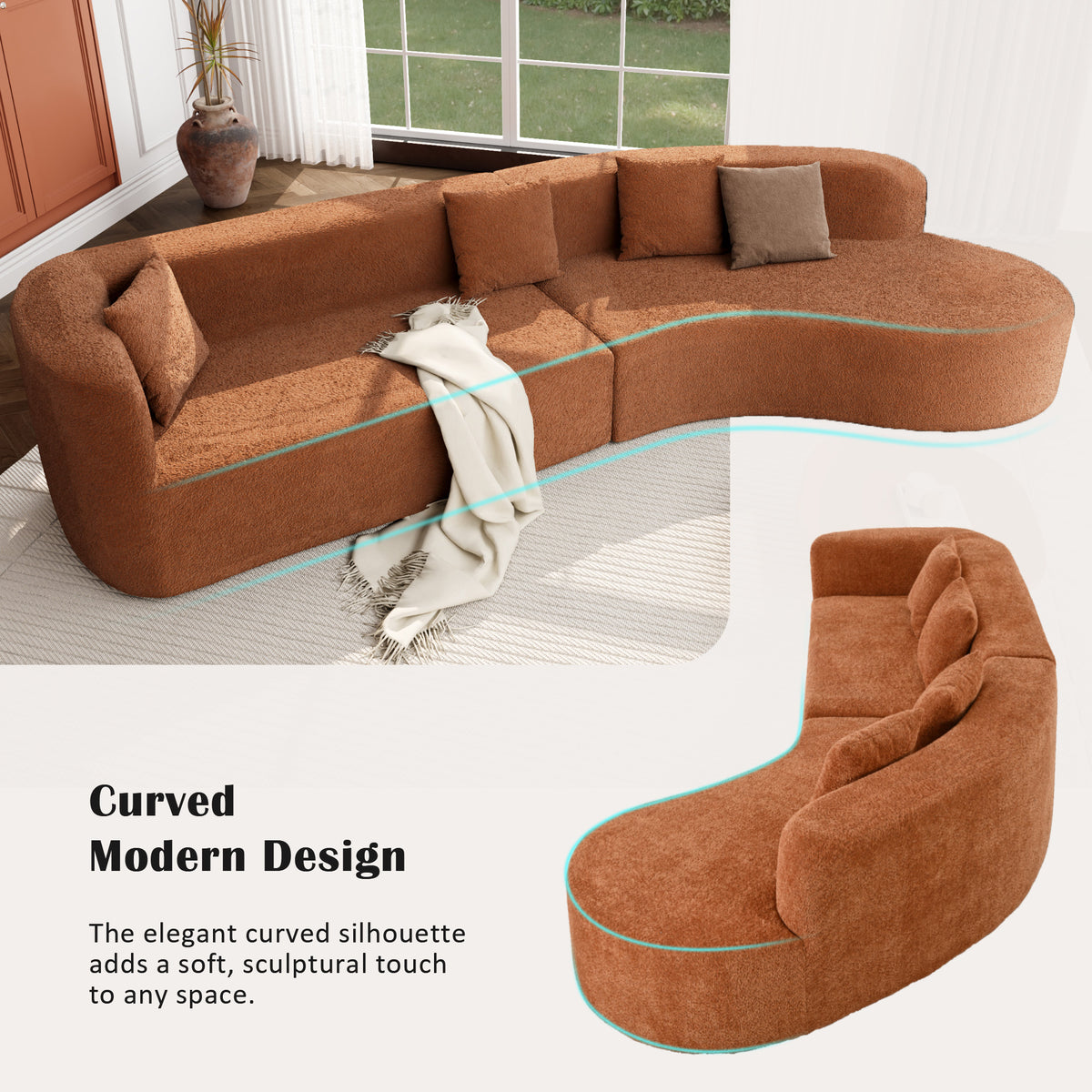 variant-group:rf-n711wy000456aao|Roomfitters 132" Sectional Sofa, Modern Curved Design L-Shaped Modular Couch for Living Room Furniture, Orange