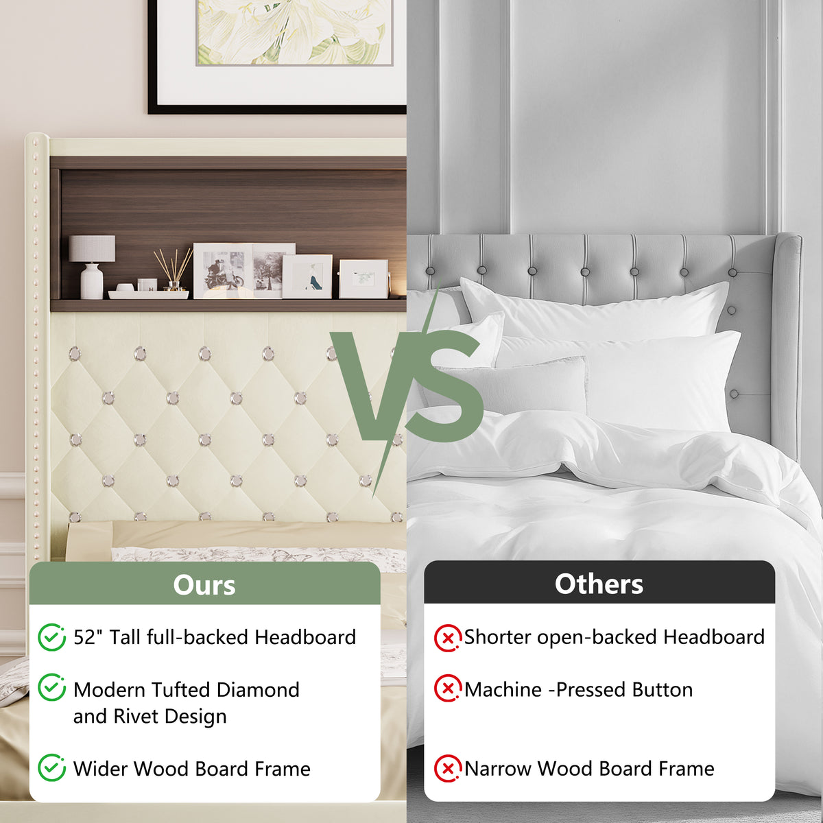 variant-group:rf-n733p368653a|Roomfitters Full Velvet Tufted Platform Bed with Charging Ports, Tall Wingback Headboard with Rivet Trim and Shelf, Beige