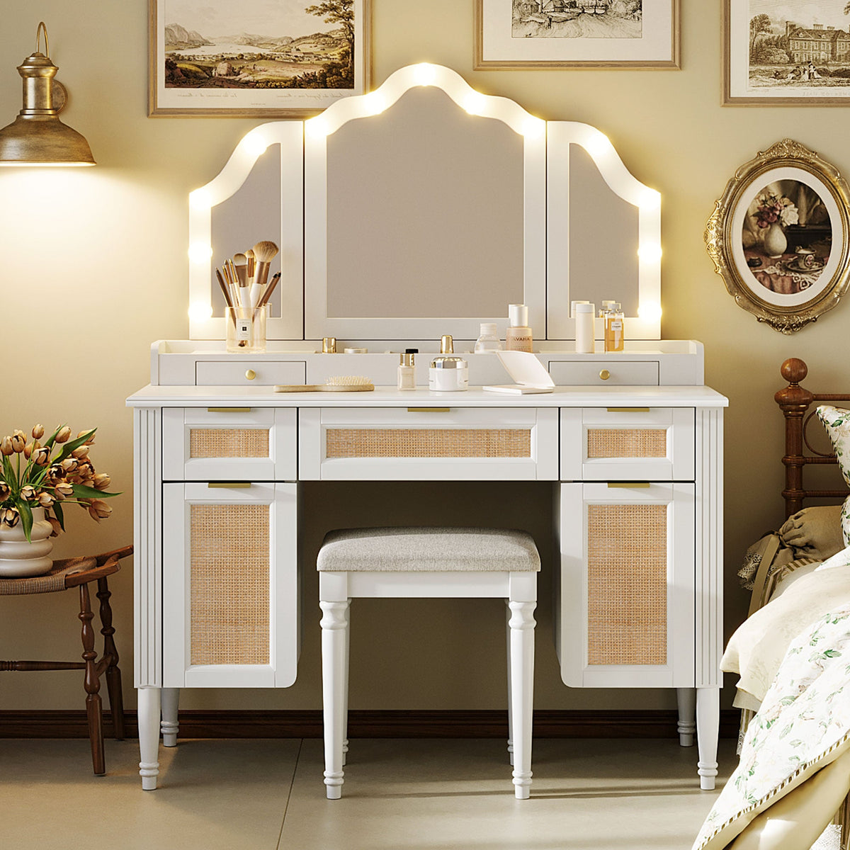 Roomfitters 44.37" Makeup Vanity with Lighted Tri-fold Mirror, French Vintage Rattan Dressing Table, Drawers and Stool, White Roomfitters