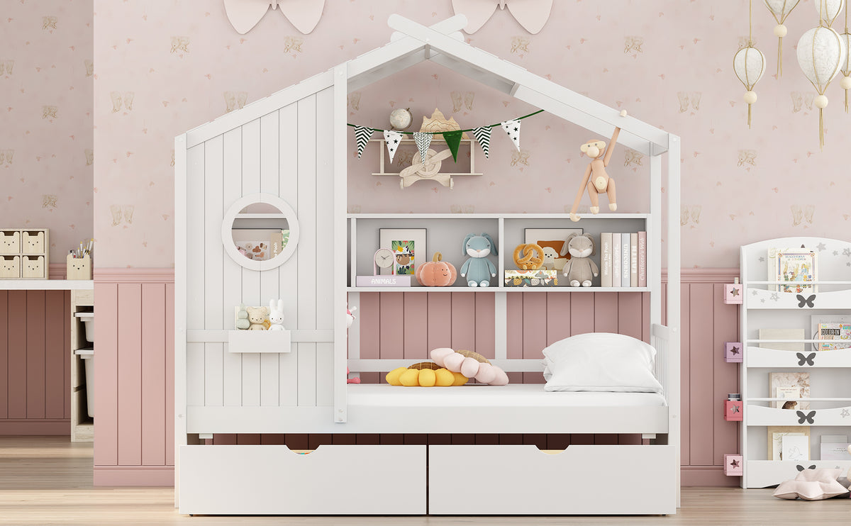 variant-group:rf-n733s308483k|Roomfitters Wooden Twin Size House Bed with 2 Drawers and Storage Shelf, White