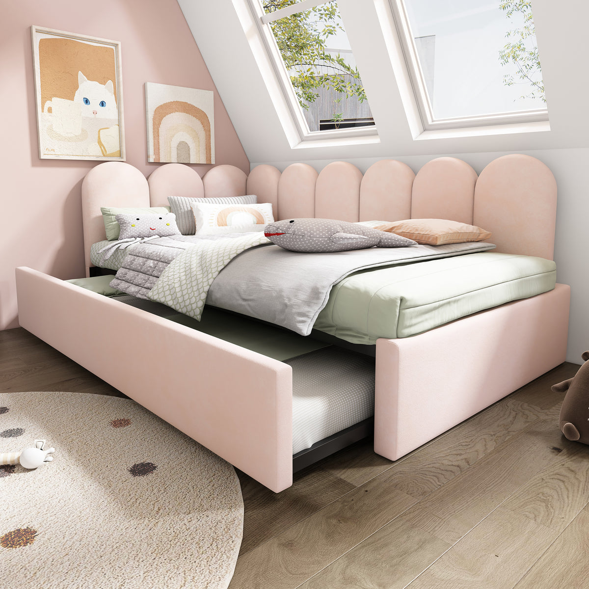 variant-group:rf-n736aa20362122p|Roomfitters Velvet Upholstered Twin Daybed with Pull Out Trundle, Sofa Bed with Metal Slat Frame, Pink