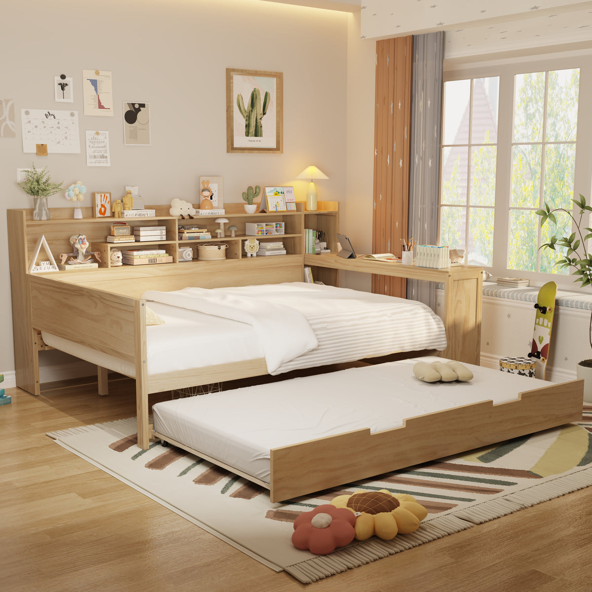 variant-group:rf-n733s373391m|Roomfitters Full Daybed with Twin Trundle, Storage Shelves and Desk, Wooden Multi-Functional Bed, Natural
