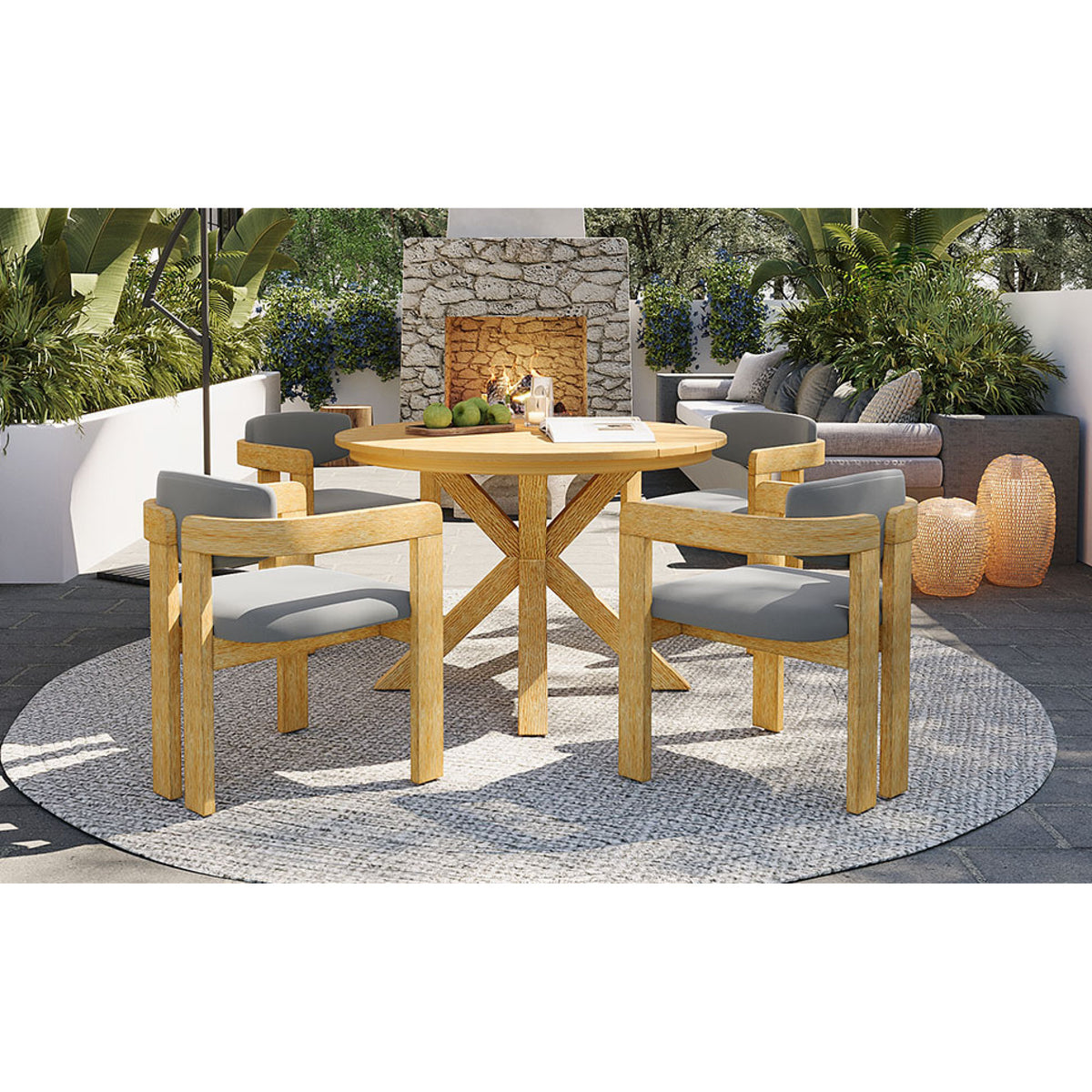 variant-group:rf-n704g201258l|Roomfitters 5-Piece Outdoor Acacia Wood Round Dining Set with Ergonomic Barrel Armchairs Gray Cushions