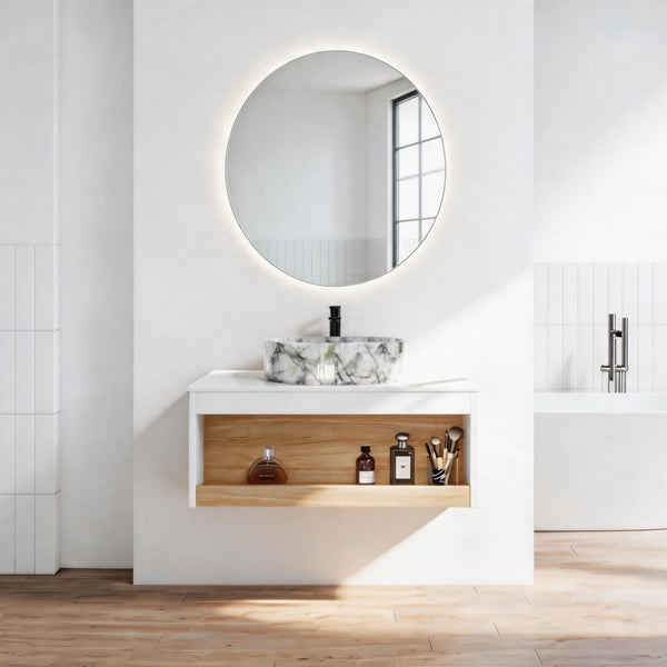 30" Floating Bathroom Vanity with Gray Vein Marble Vessel Sink, Wall-Mounted Vanity with Open Shelf Storage, White Finish with Wood Accent, Space-Saving Modern Design (Ships in 2 Boxes)