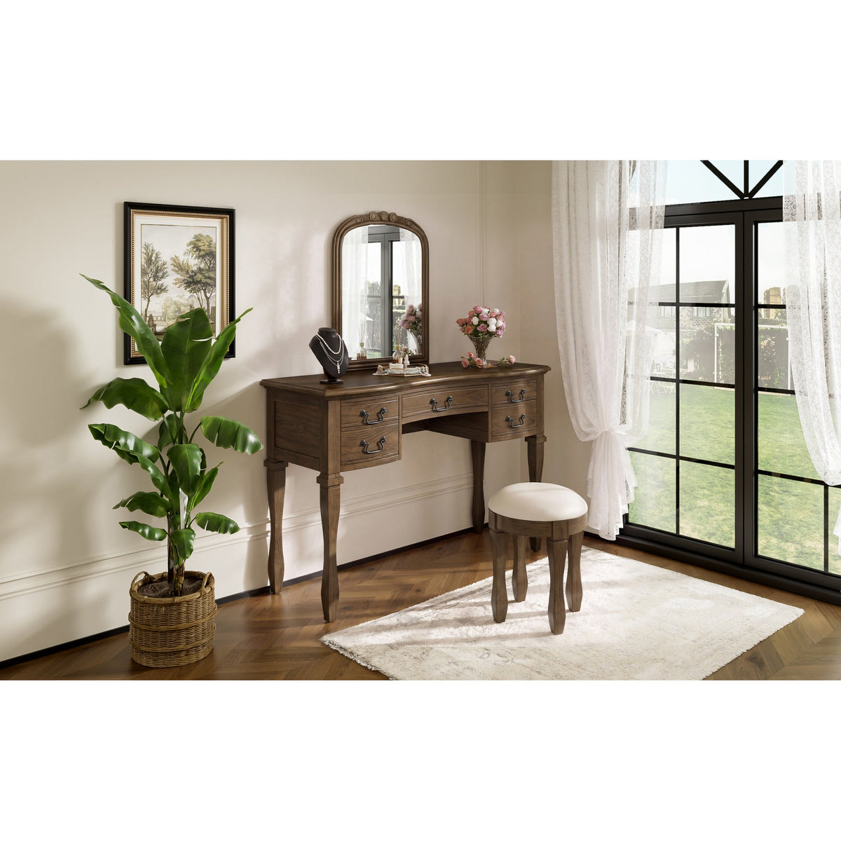 Roomfitters 46-Inch Vintage Makeup Vanity Table with Curved Flower Frame Mirror and Upholstered Leather Stool Espresso Roomfitters