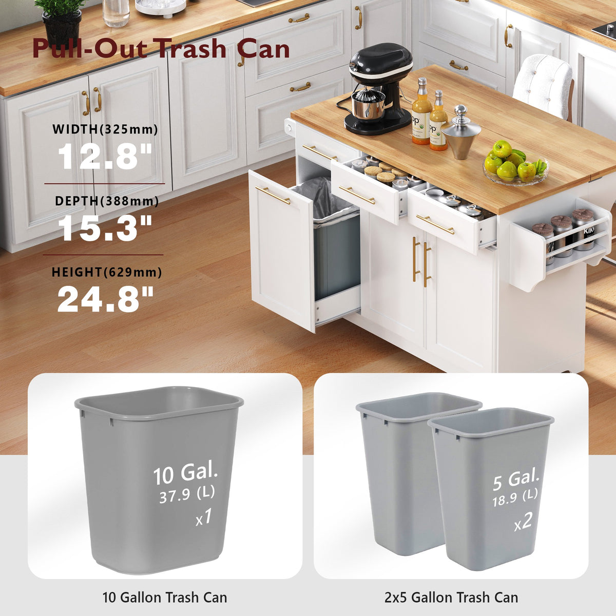 variant-group:rf-n707s299014w|Roomfitters 59.3" Kitchen Island with Power Outlet, Drop Leaf and Double Trash Can Pull Out, Rolling Cart, White