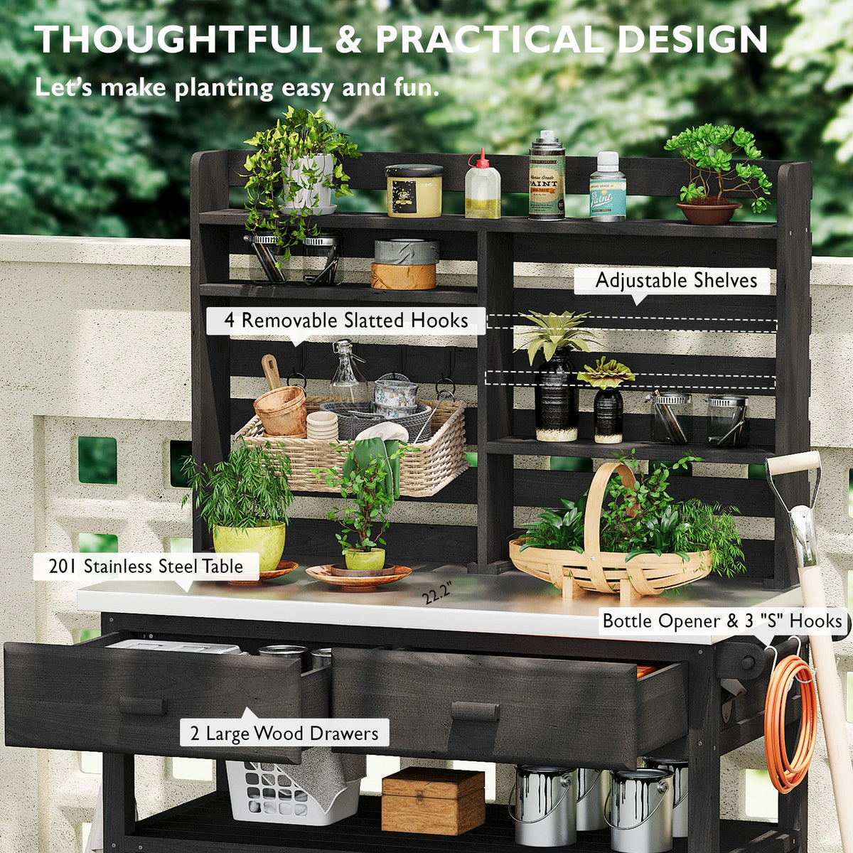 Roomfitters 64.9" Outdoor Potting Bench & Kitchen Island with Stainless Steel Top, Propane Rack & Lockable Wheels, Black