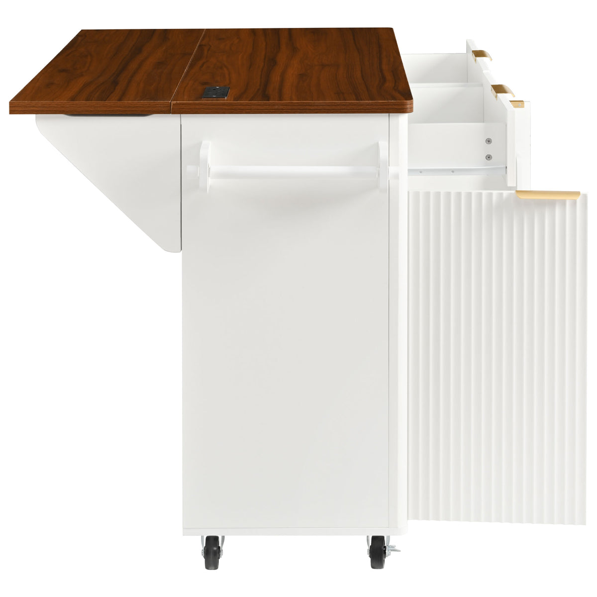 variant-group:rf-n707s000019w|Roomfitters 52" Fluted Kitchen Island with Drop Leaf, Power Outlet & Walnut Wood-Grain Top, White