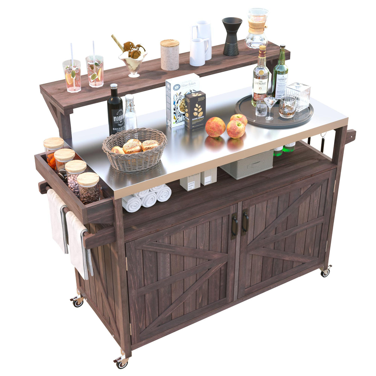 variant-group:rf-n707p250628z|Roomfitters 53.3" Outdoor Kitchen Island with Raised Shelf, Wood Storage Cabinet, Stainless Steel Top, Rolling Grill Cart, Brown