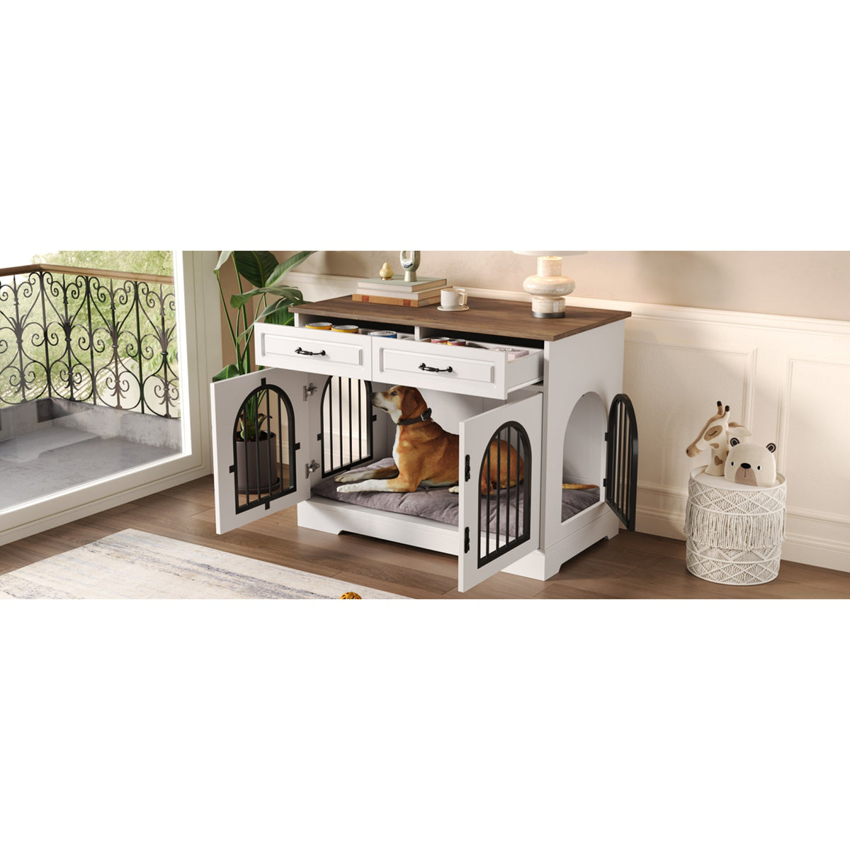 Roomfitters 43-Inch Heavy Duty Indoor Dog Crate Furniture End Table with Escape Proof Arched Doors White Brown Roomfitters