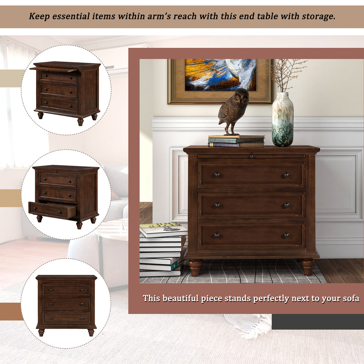 variant-group:rf-n711wf319367aad|Roomfitters 3-Drawer Storage Wood Cabinet, End Table with Pull Out Tray, Ideal for Living Rooms or Bedrooms, Offering Compact and Practical Storage Solutions, Brown
