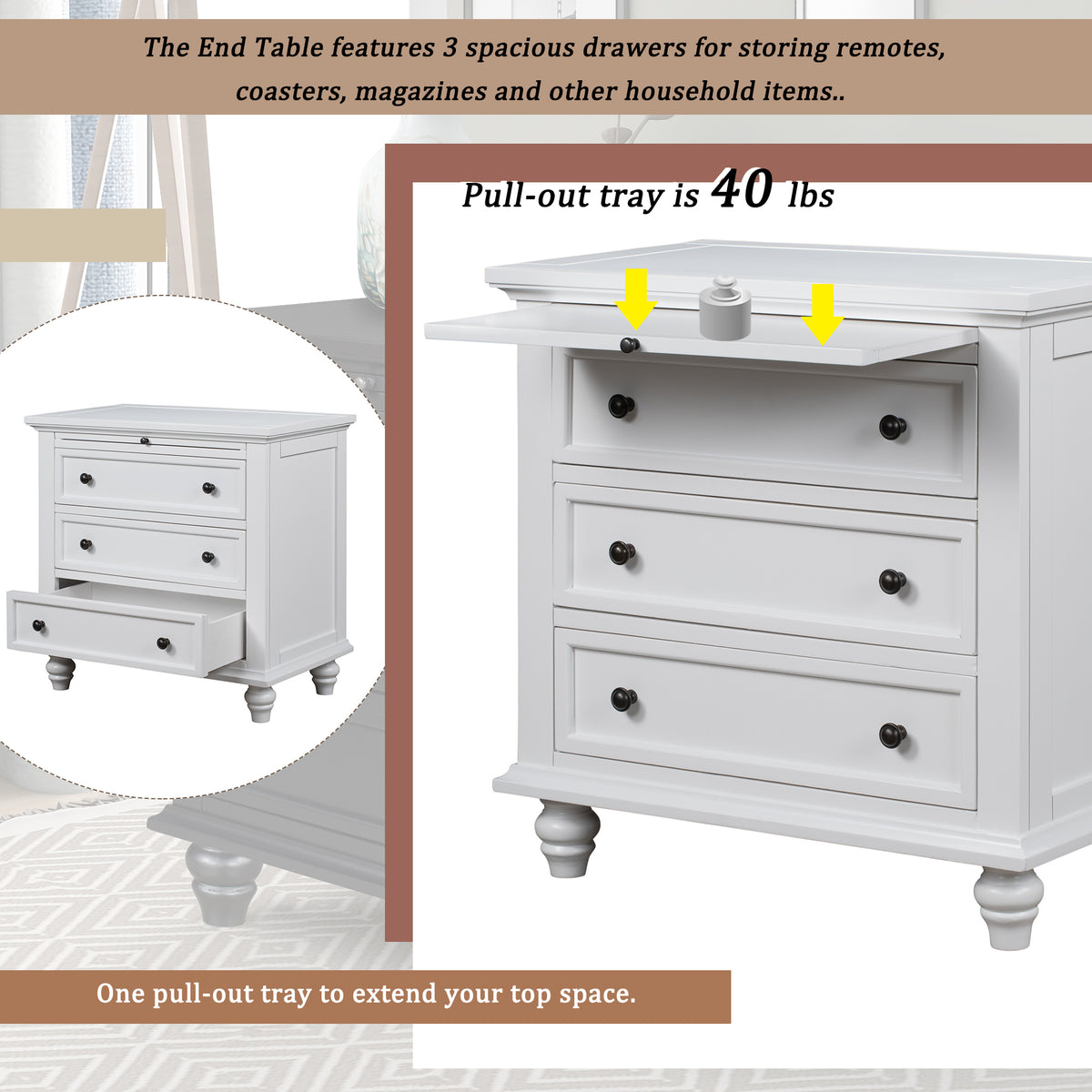 variant-group:rf-n711wf319367aak|Roomfitters 3-Drawer Storage Wood Cabinet, End Table with Pull Out Tray, Suitable for Living Rooms or Bedrooms, Combining Style and Functionality, White