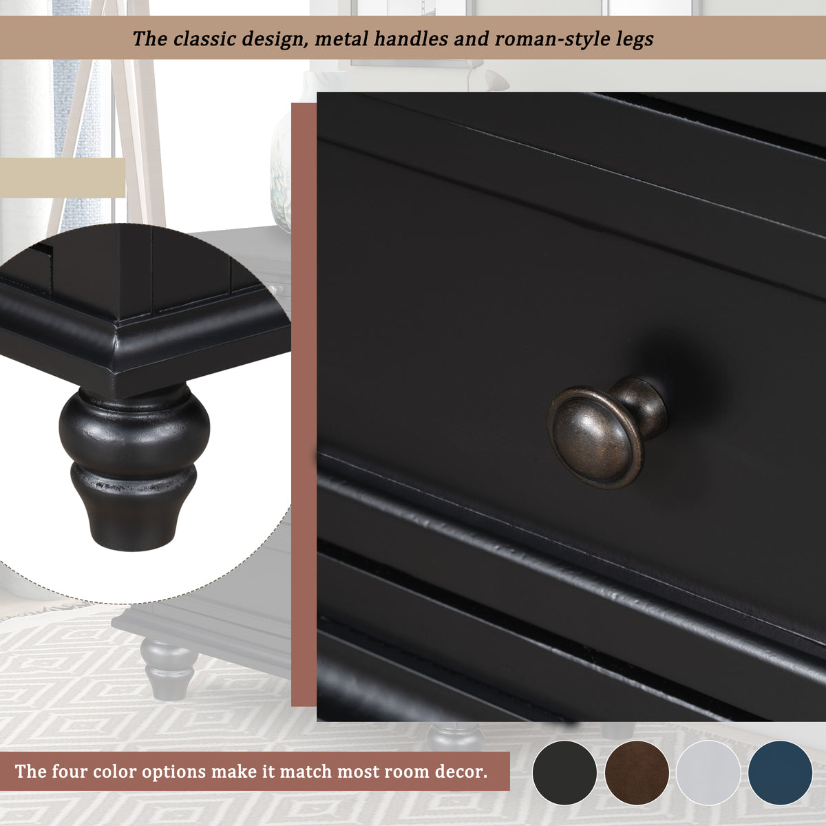 variant-group:rf-n711wf319367aab|Roomfitters 3-Drawer Storage Wood Cabinet, End Table with Pull Out Tray, Perfect for Living Rooms or Bedrooms, Providing Compact Storage with a Timeless Design, Black