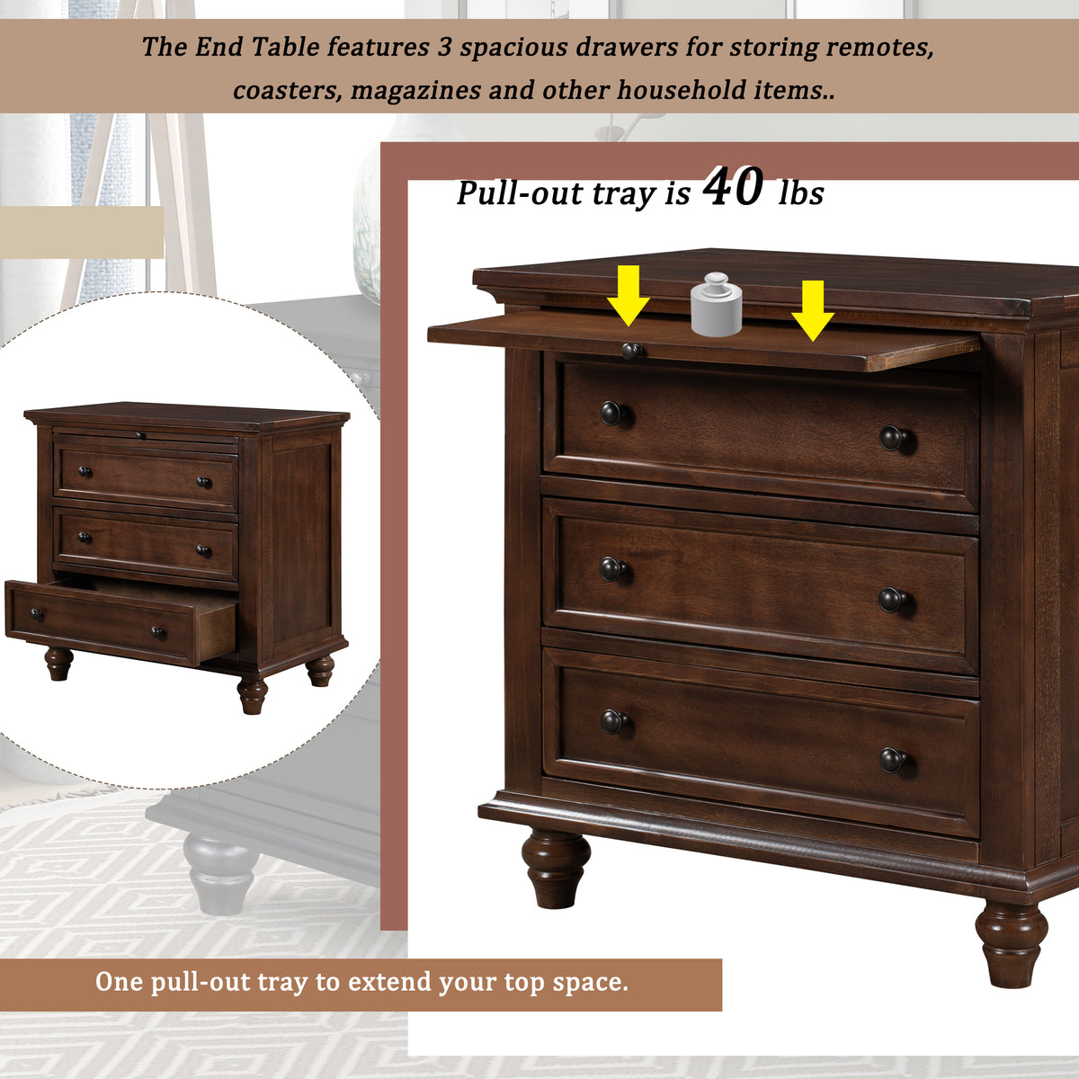 variant-group:rf-n711wf319367aad|Roomfitters 3-Drawer Storage Wood Cabinet, End Table with Pull Out Tray, Ideal for Living Rooms or Bedrooms, Offering Compact and Practical Storage Solutions, Brown
