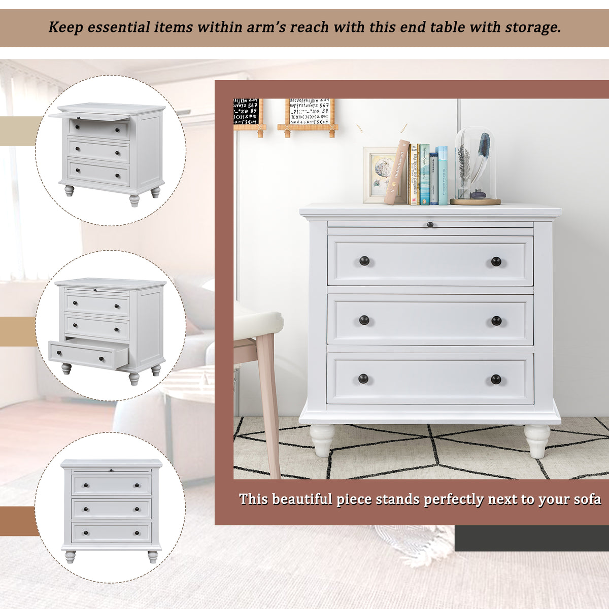 variant-group:rf-n711wf319367aak|Roomfitters 3-Drawer Storage Wood Cabinet, End Table with Pull Out Tray, Suitable for Living Rooms or Bedrooms, Combining Style and Functionality, White