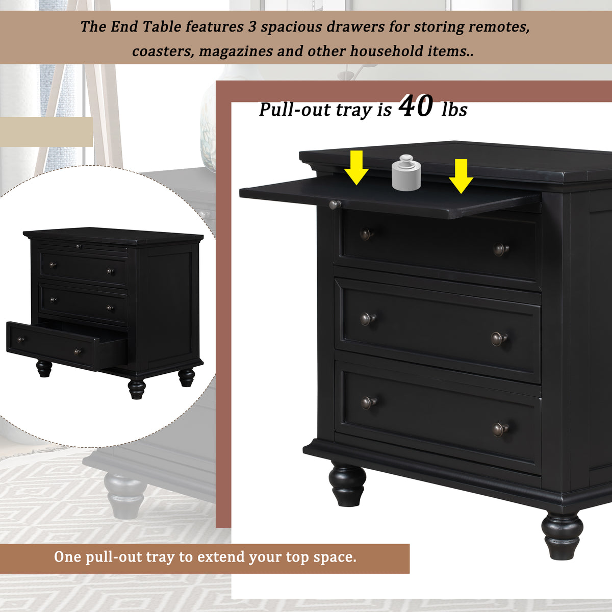 variant-group:rf-n711wf319367aab|Roomfitters 3-Drawer Storage Wood Cabinet, End Table with Pull Out Tray, Perfect for Living Rooms or Bedrooms, Providing Compact Storage with a Timeless Design, Black