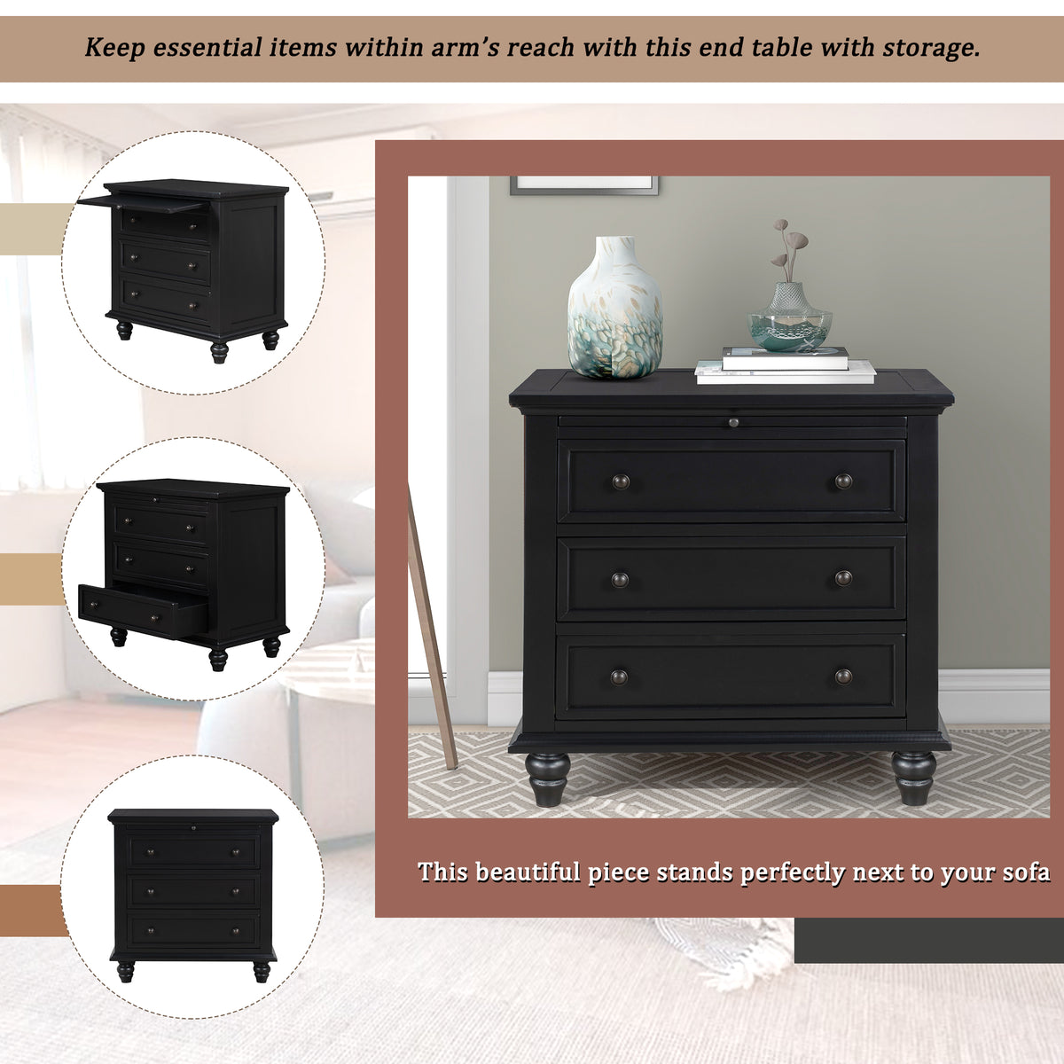 variant-group:rf-n711wf319367aab|Roomfitters 3-Drawer Storage Wood Cabinet, End Table with Pull Out Tray, Perfect for Living Rooms or Bedrooms, Providing Compact Storage with a Timeless Design, Black