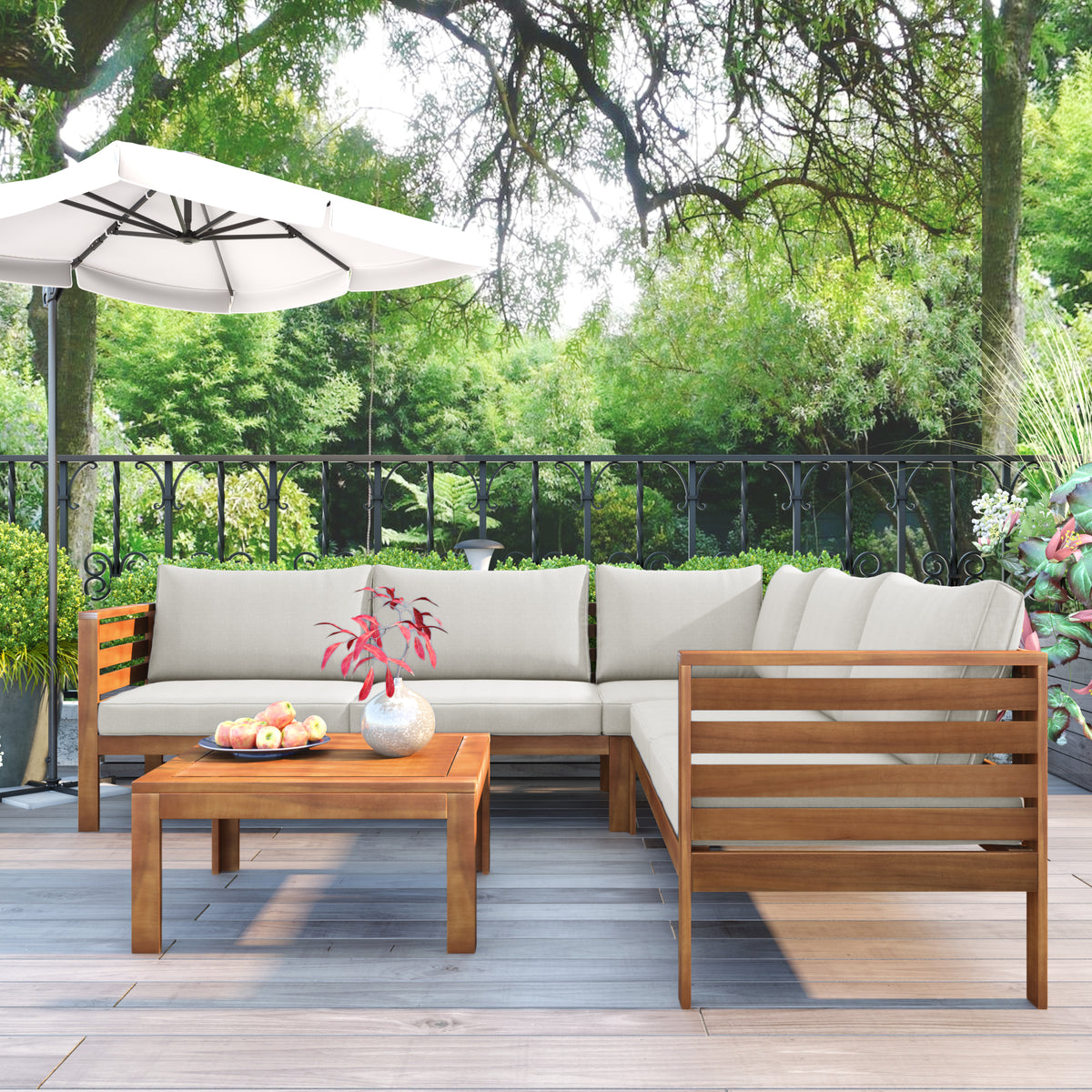 variant-group:rf-n704g201207a|Roomfitters 3-Piece Outdoor Sectional Sofa Set with Coffee Table, Solid Wood Frame L-Shaped Patio Furniture, Beige