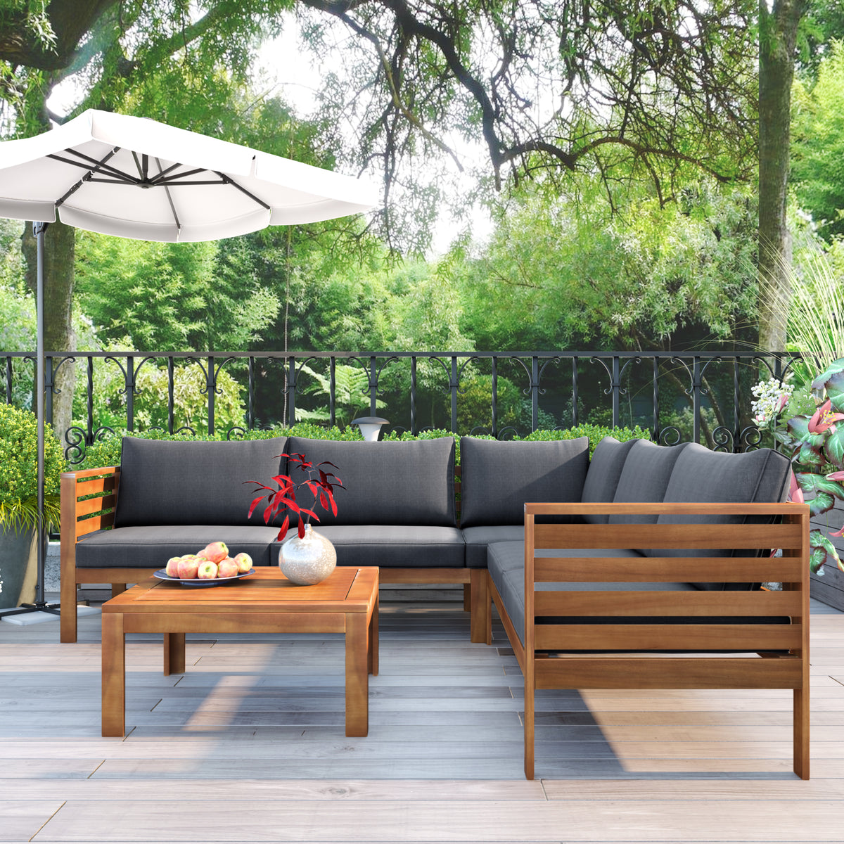 variant-group:rf-n704g201207e|Roomfitters 3-Piece Outdoor Sectional Sofa Set with Coffee Table, Solid Wood Frame L-Shaped Patio Furniture, Gray