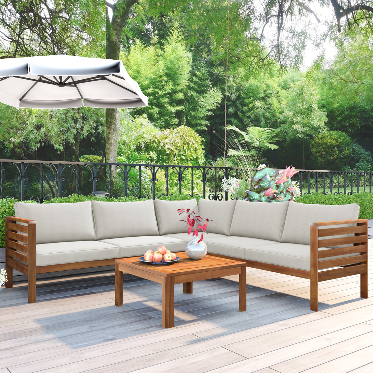 variant-group:rf-n704g201207a|Roomfitters 3-Piece Outdoor Sectional Sofa Set with Coffee Table, Solid Wood Frame L-Shaped Patio Furniture, Beige