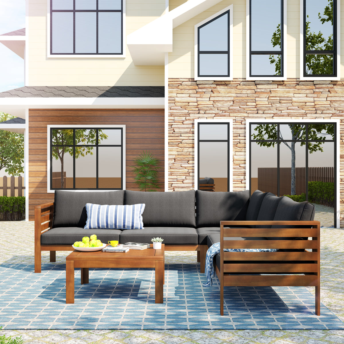 variant-group:rf-n704g201207e|Roomfitters 3-Piece Outdoor Sectional Sofa Set with Coffee Table, Solid Wood Frame L-Shaped Patio Furniture, Gray