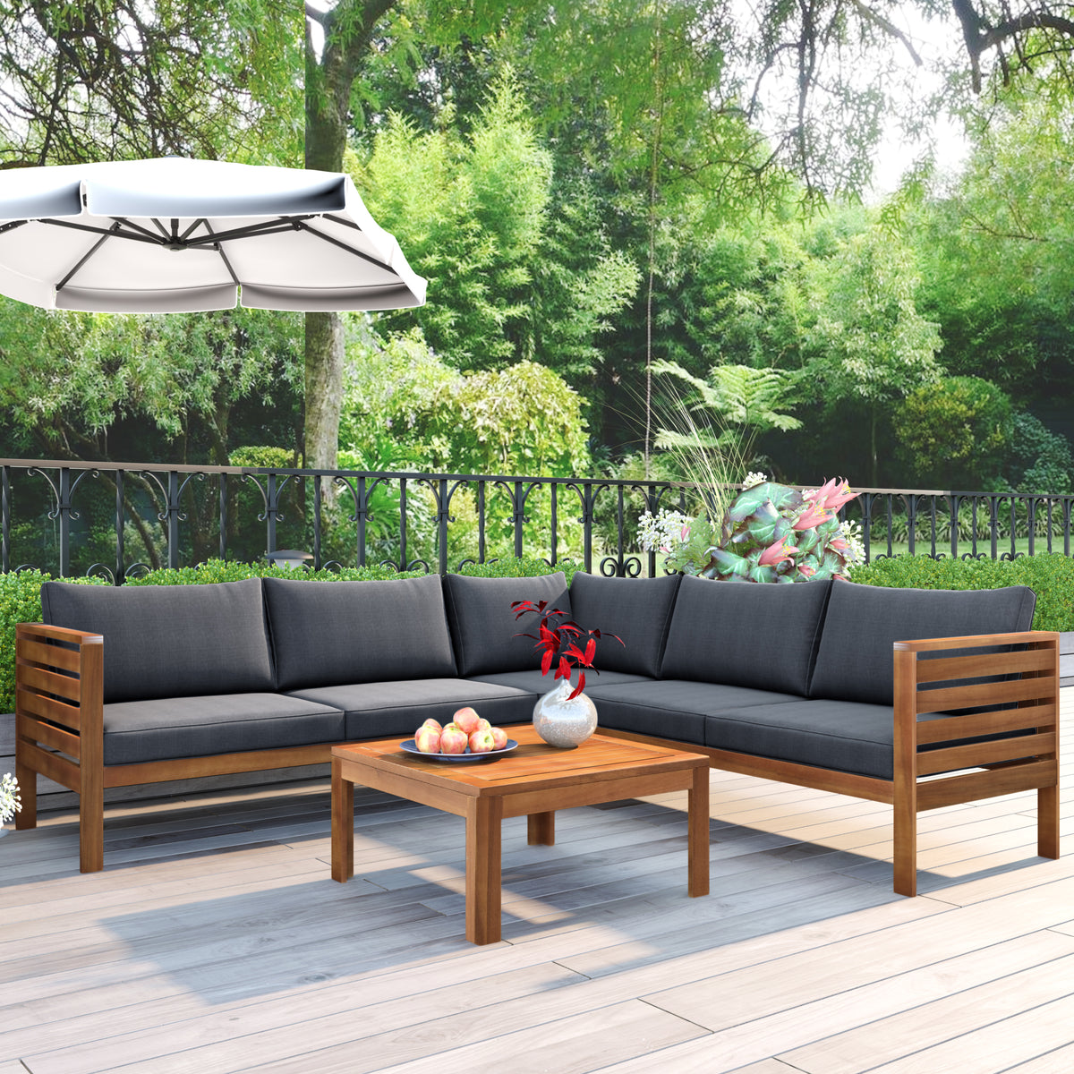variant-group:rf-n704g201207e|Roomfitters 3-Piece Outdoor Sectional Sofa Set with Coffee Table, Solid Wood Frame L-Shaped Patio Furniture, Gray
