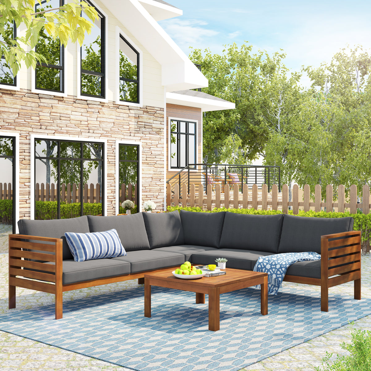 variant-group:rf-n704g201207e|Roomfitters 3-Piece Outdoor Sectional Sofa Set with Coffee Table, Solid Wood Frame L-Shaped Patio Furniture, Gray
