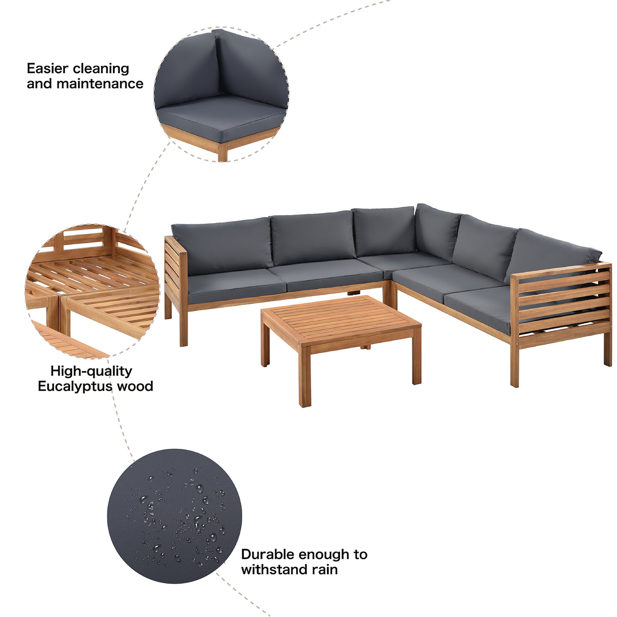variant-group:rf-n704g201207e|Roomfitters 3-Piece Outdoor Sectional Sofa Set with Coffee Table, Solid Wood Frame L-Shaped Patio Furniture, Gray