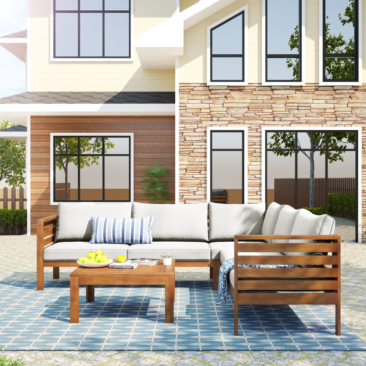 variant-group:rf-n704g201207a|Roomfitters 3-Piece Outdoor Sectional Sofa Set with Coffee Table, Solid Wood Frame L-Shaped Patio Furniture, Beige