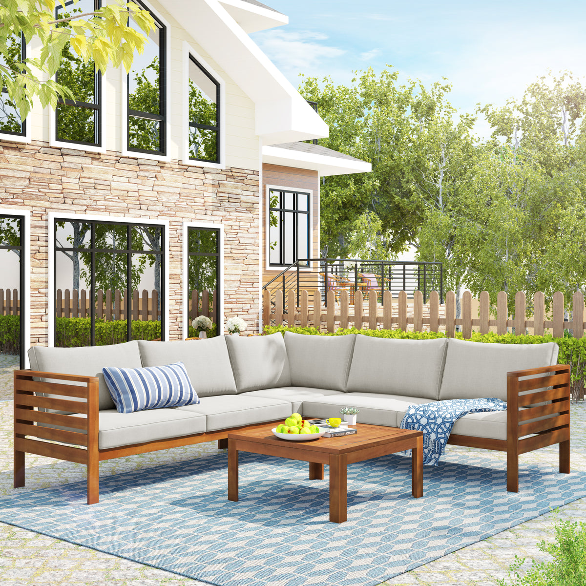variant-group:rf-n704g201207a|Roomfitters 3-Piece Outdoor Sectional Sofa Set with Coffee Table, Solid Wood Frame L-Shaped Patio Furniture, Beige