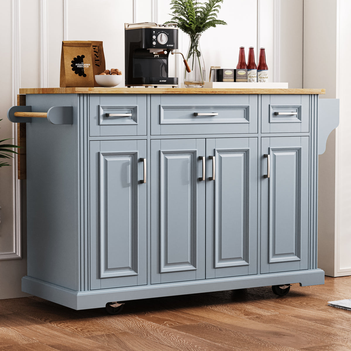 variant-group:rf-n707s195395g|Roomfitters 54" Kitchen Island with Wood Top, Rolling Storage Cabinet with 3 Drawers and 3 Doors, Spice Rack, Grey+Blue