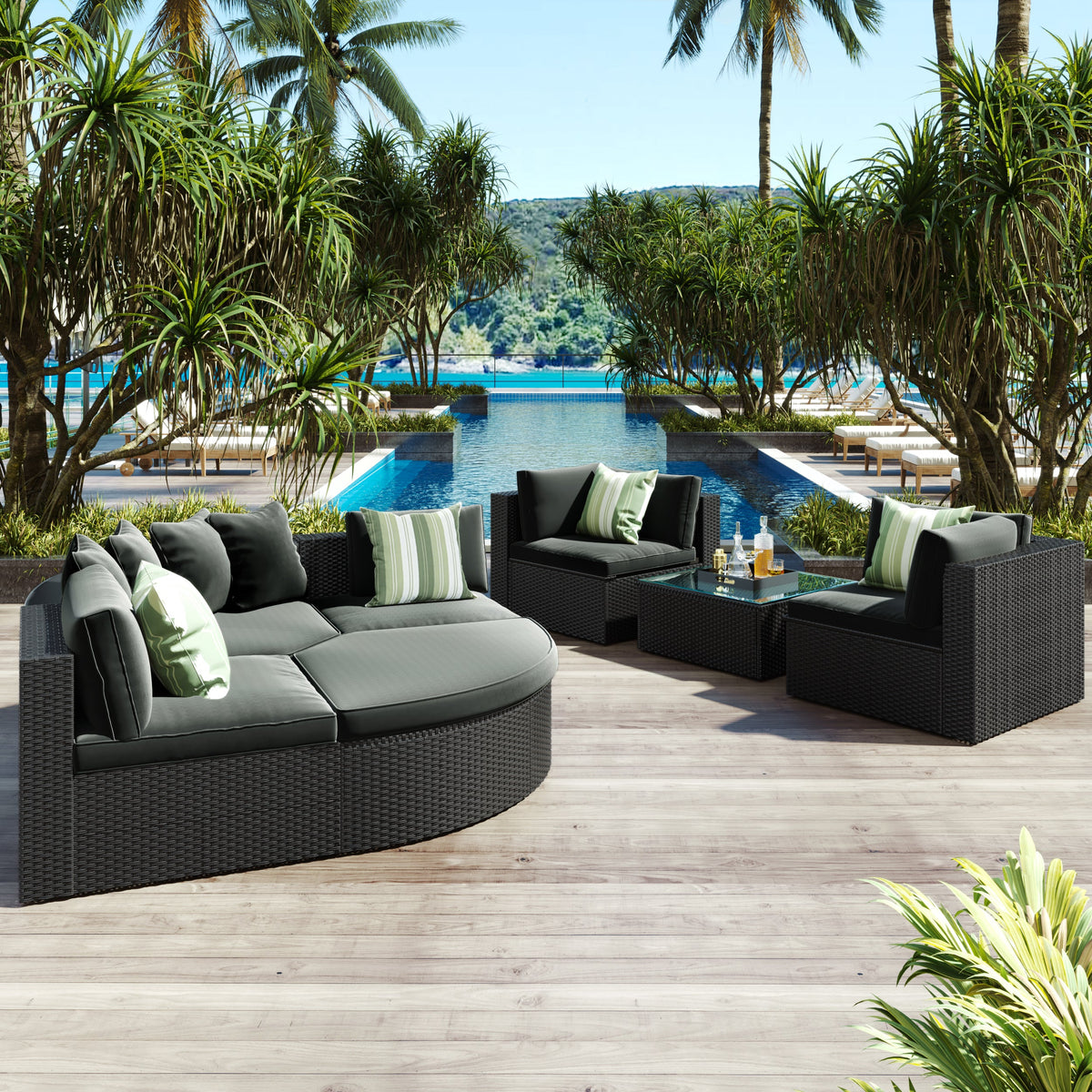 Roomfitters 7-Piece Outdoor Wicker Sofa Set, Rattan Patio Lounger with Striped Green Pillows, Conversation Set, Gray Roomfitters