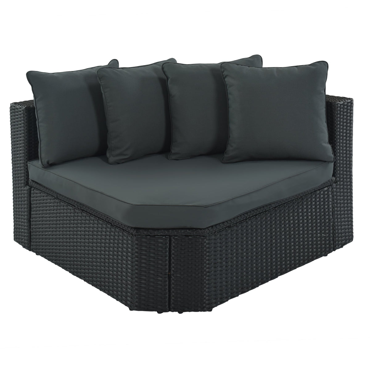 Roomfitters 7-Piece Outdoor Wicker Sofa Set, Rattan Patio Lounger with Striped Green Pillows, Conversation Set, Gray Roomfitters