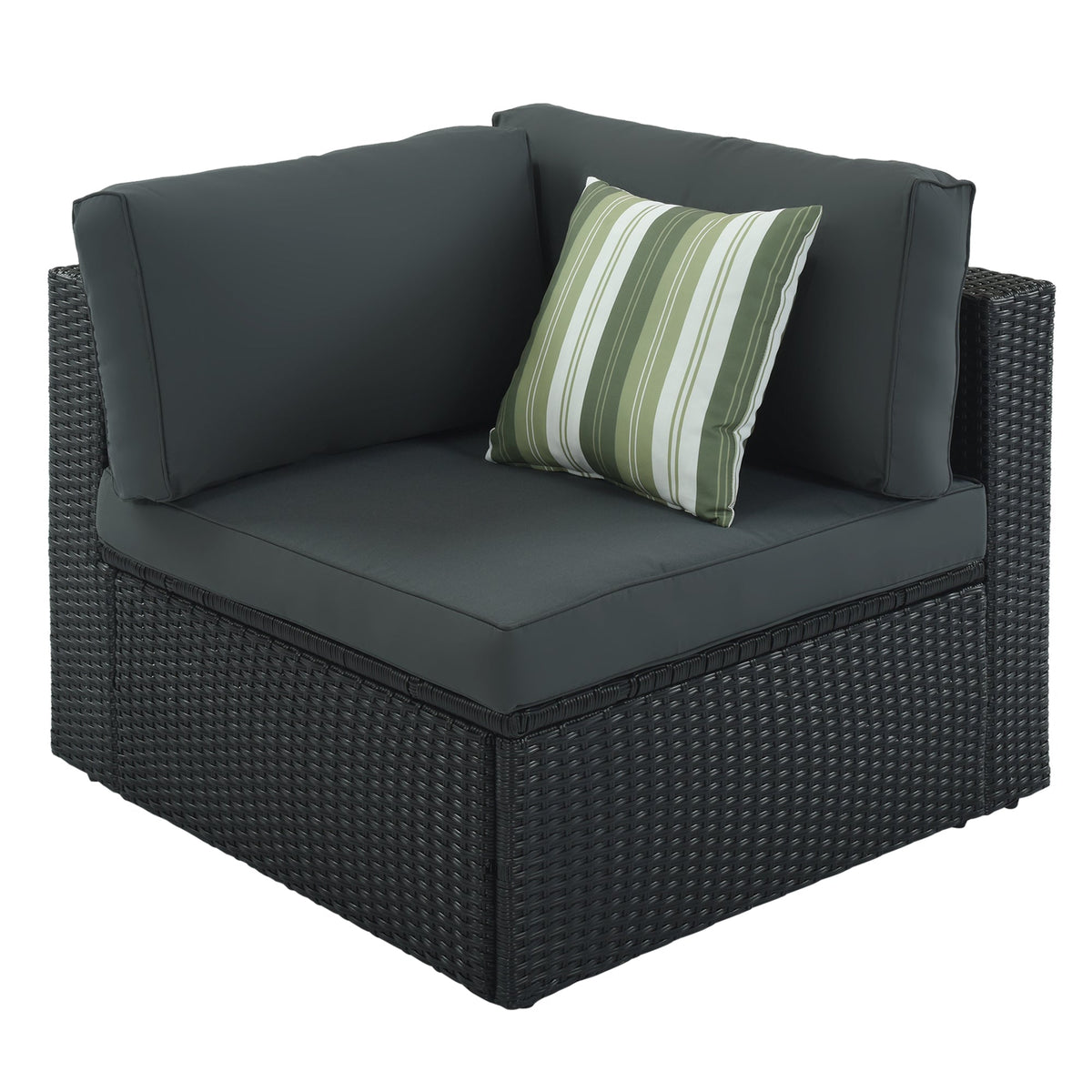 Roomfitters 7-Piece Outdoor Wicker Sofa Set, Rattan Patio Lounger with Striped Green Pillows, Conversation Set, Gray Roomfitters