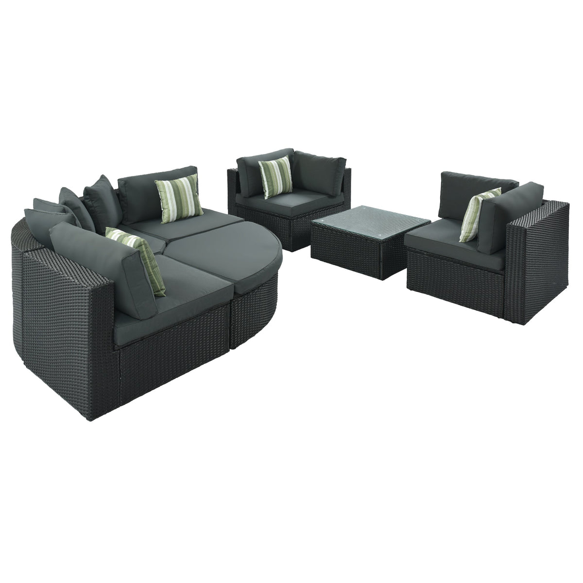 Roomfitters 7-Piece Outdoor Wicker Sofa Set, Rattan Patio Lounger with Striped Green Pillows, Conversation Set, Gray Roomfitters