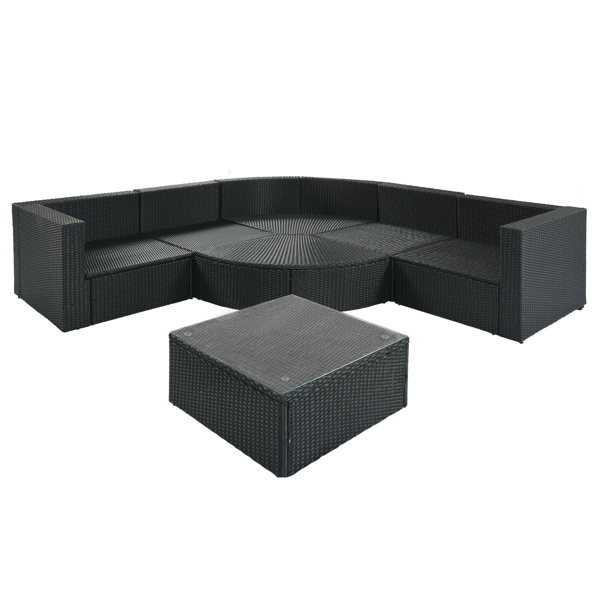 Roomfitters 7-Piece Outdoor Wicker Sofa Set, Rattan Patio Lounger with Striped Green Pillows, Conversation Set, Gray Roomfitters