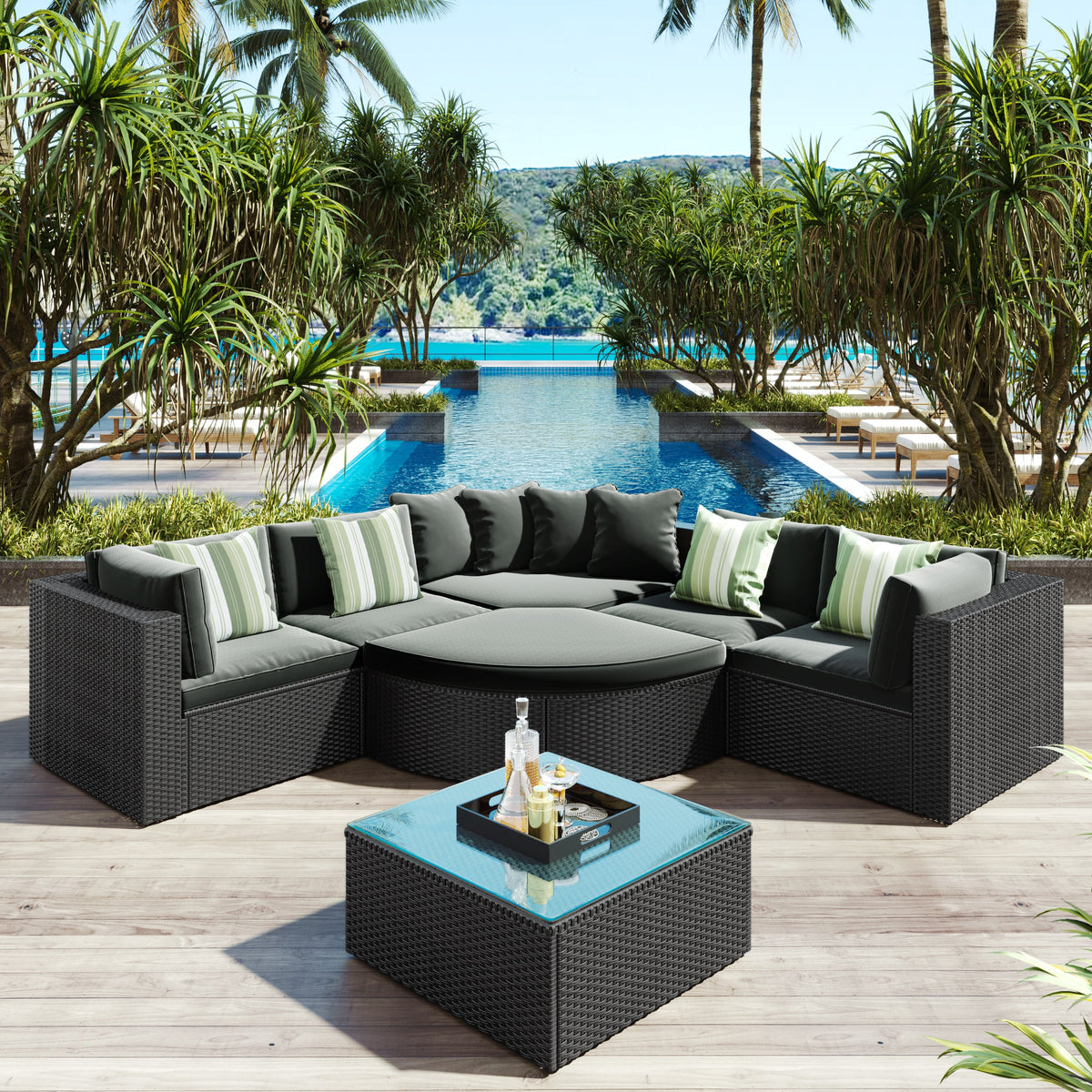 Roomfitters 7-Piece Outdoor Wicker Sofa Set, Rattan Patio Lounger with Striped Green Pillows, Conversation Set, Gray Roomfitters