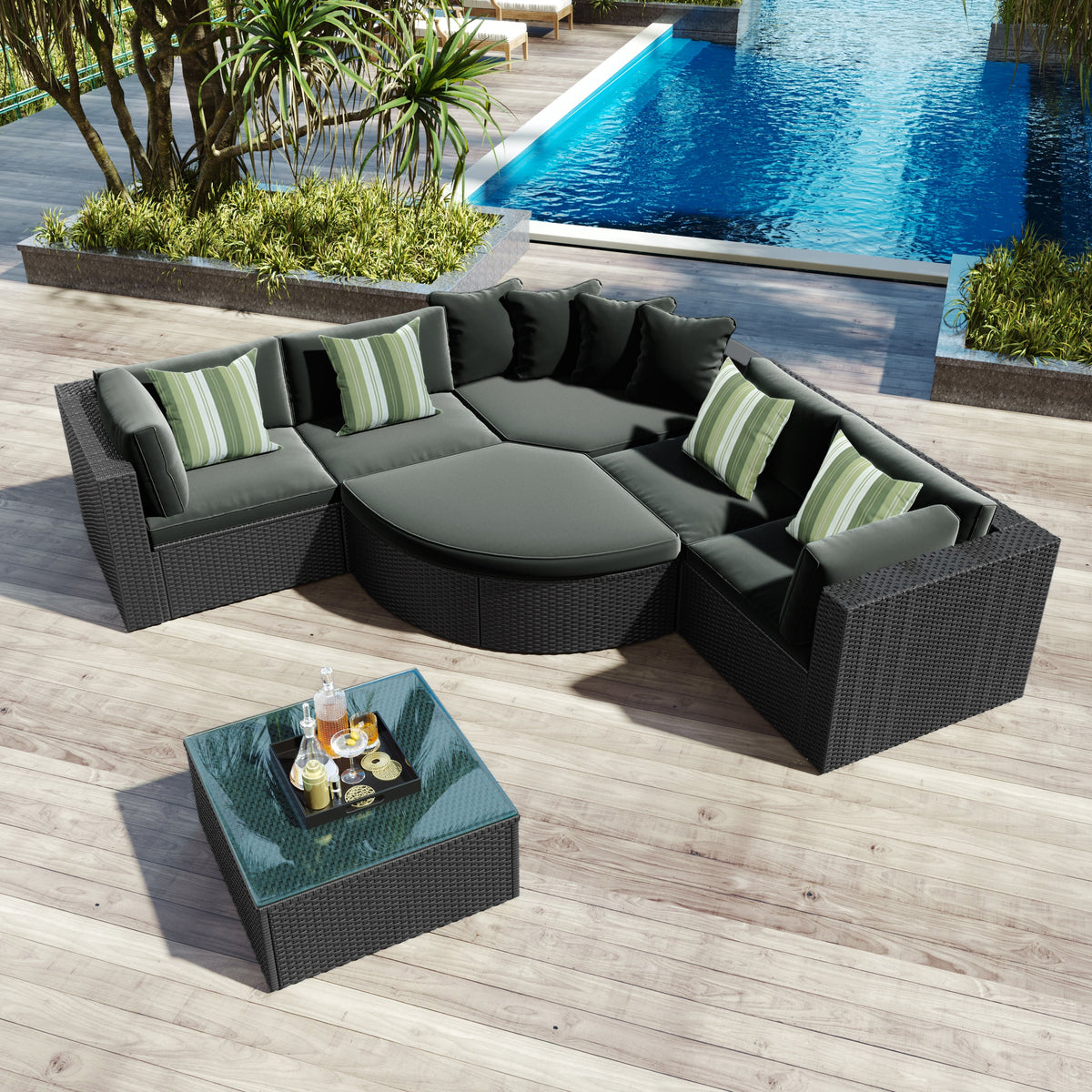 Roomfitters 7-Piece Outdoor Wicker Sofa Set, Rattan Patio Lounger with Striped Green Pillows, Conversation Set, Gray Roomfitters