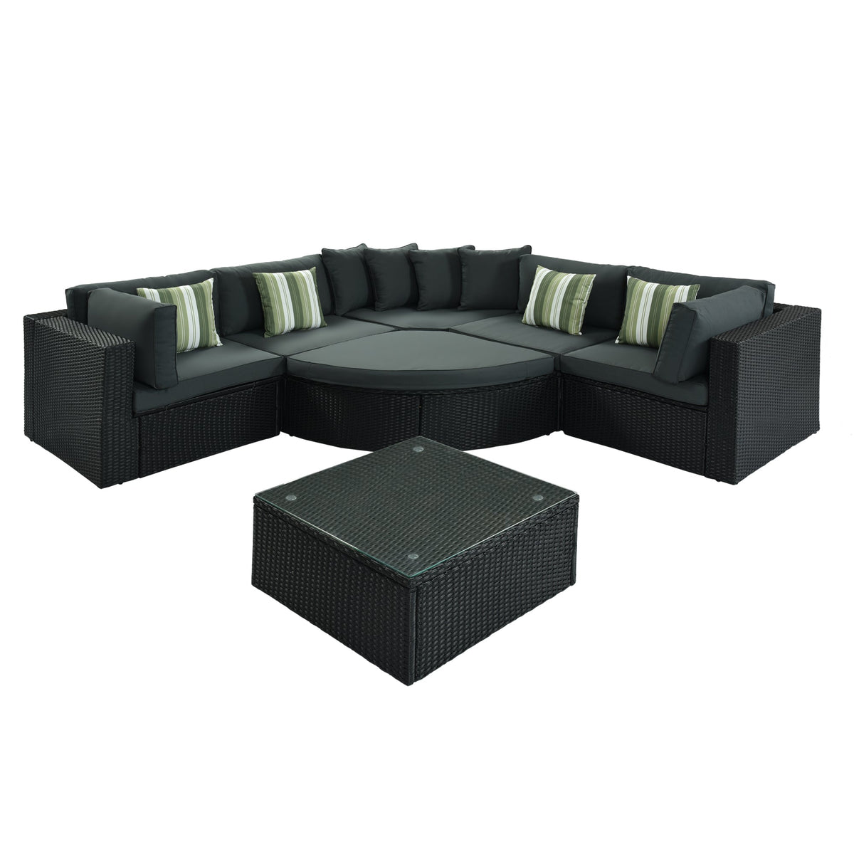 Roomfitters 7-Piece Outdoor Wicker Sofa Set, Rattan Patio Lounger with Striped Green Pillows, Conversation Set, Gray Roomfitters