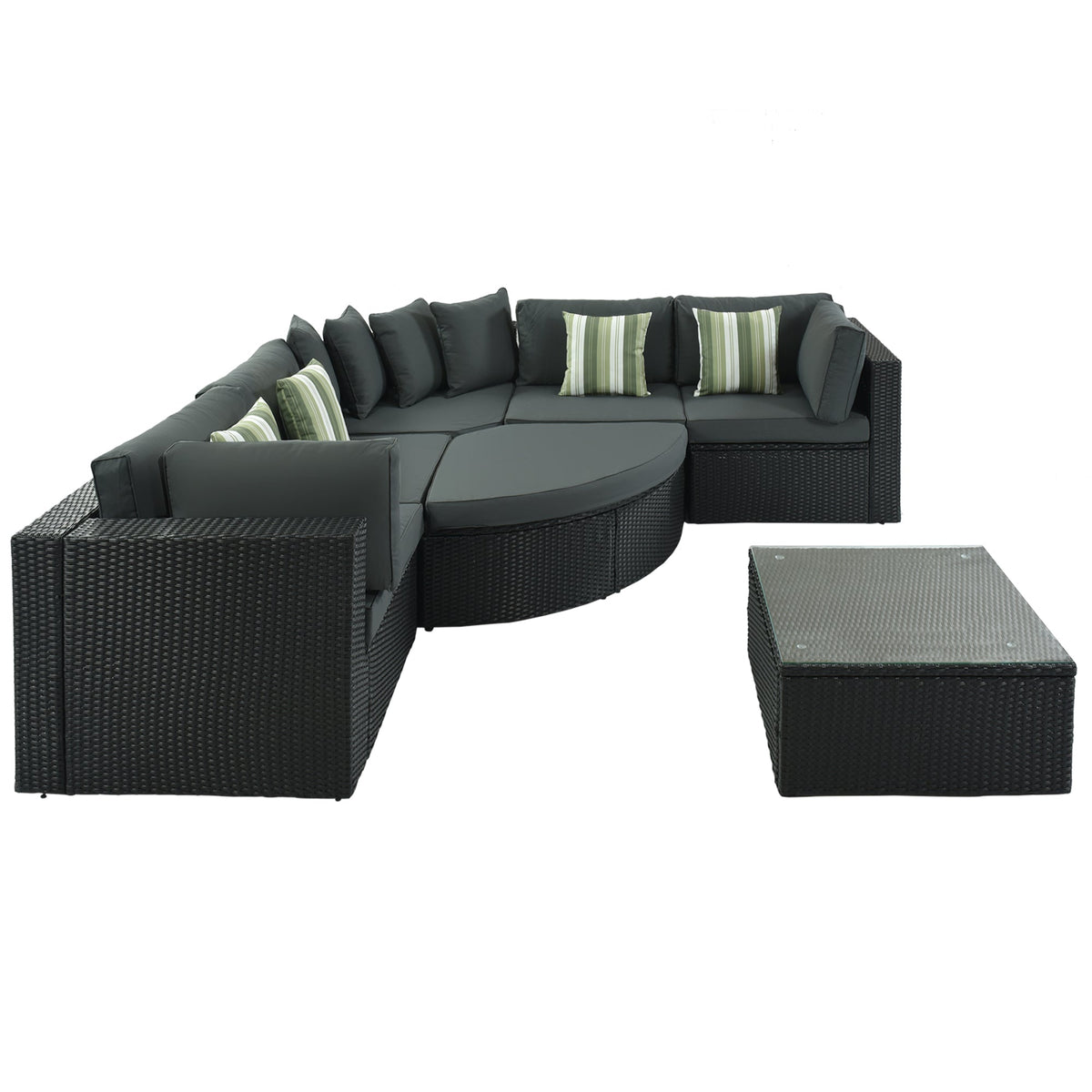 Roomfitters 7-Piece Outdoor Wicker Sofa Set, Rattan Patio Lounger with Striped Green Pillows, Conversation Set, Gray Roomfitters