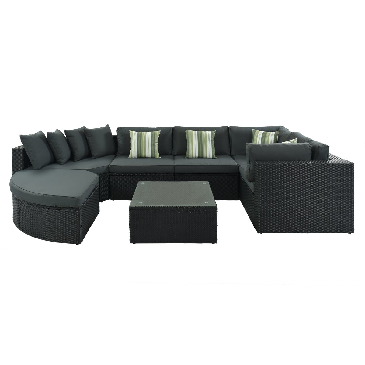 Roomfitters 7-Piece Outdoor Wicker Sofa Set, Rattan Patio Lounger with Striped Green Pillows, Conversation Set, Gray Roomfitters