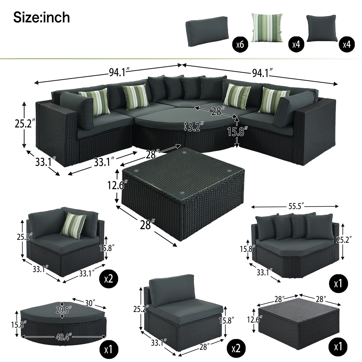 Roomfitters 7-Piece Outdoor Wicker Sofa Set, Rattan Patio Lounger with Striped Green Pillows, Conversation Set, Gray Roomfitters