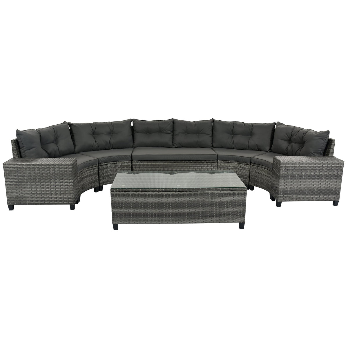Roomfitters 8-Piece Half Moon Curved Outdoor Sectional Sofa Set, Grey PE Rattan Wicker Patio Furniture with Coffee Table, Gray Roomfitters