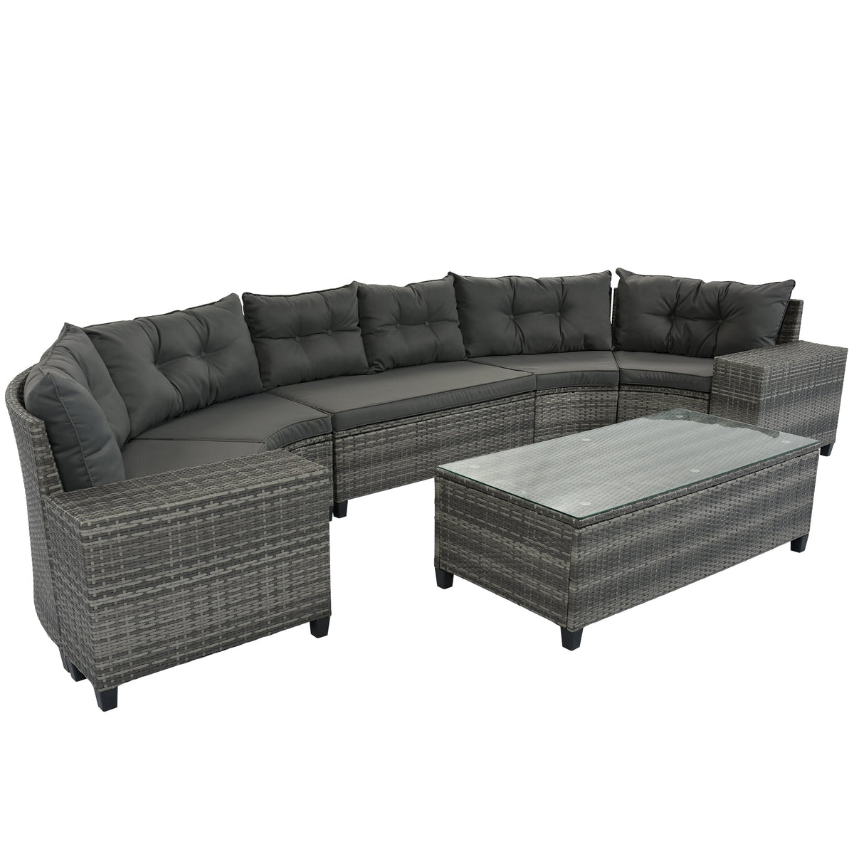 Roomfitters 8-Piece Half Moon Curved Outdoor Sectional Sofa Set, Grey PE Rattan Wicker Patio Furniture with Coffee Table, Gray Roomfitters