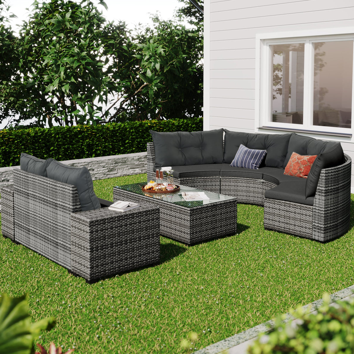 Roomfitters 8-Piece Half Moon Curved Outdoor Sectional Sofa Set, Grey PE Rattan Wicker Patio Furniture with Coffee Table, Gray Roomfitters