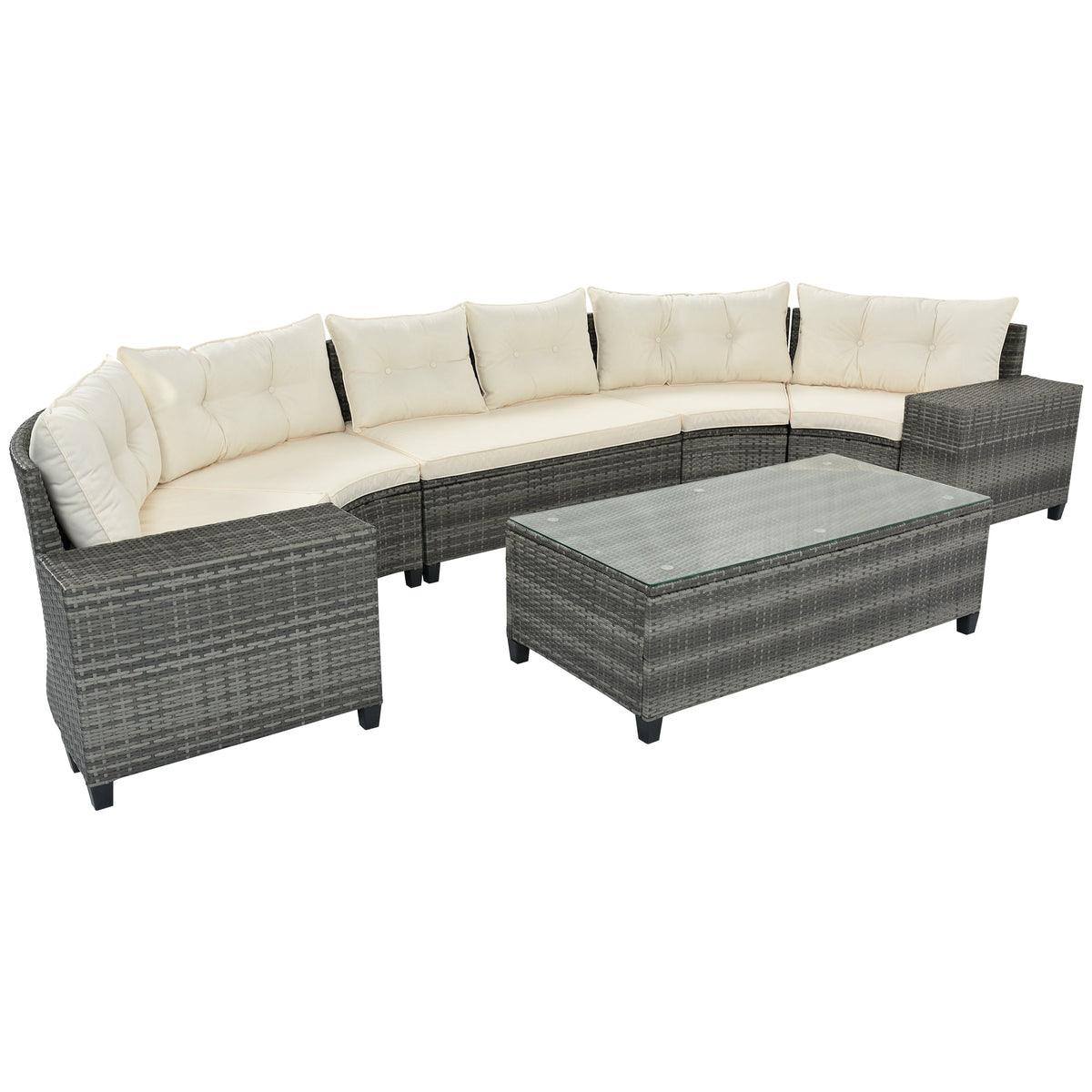 Roomfitters 8-Piece Outdoor Half-Moon Sectional Wicker Round Sofa Set with Tempered Glass Tables Beige Roomfitters