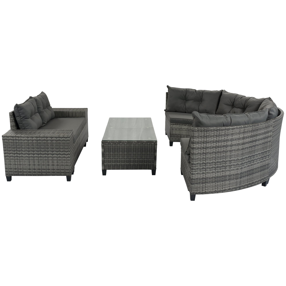 Roomfitters 8-Piece Half Moon Curved Outdoor Sectional Sofa Set, Grey PE Rattan Wicker Patio Furniture with Coffee Table, Gray Roomfitters