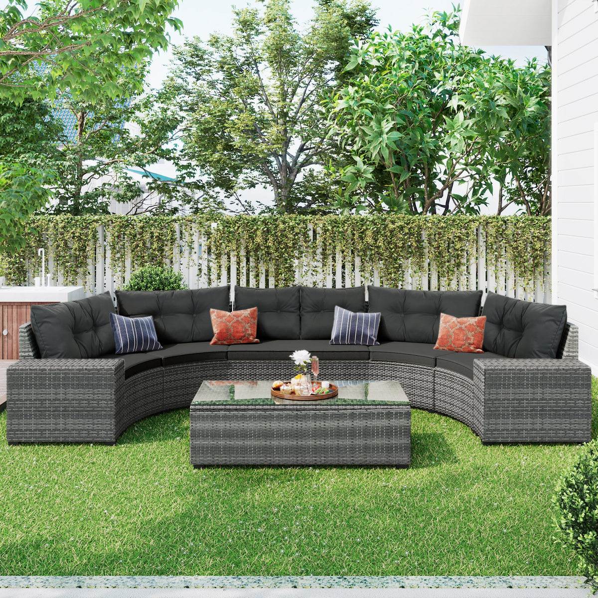 Roomfitters 8-Piece Half Moon Curved Outdoor Sectional Sofa Set, Grey PE Rattan Wicker Patio Furniture with Coffee Table, Gray Roomfitters